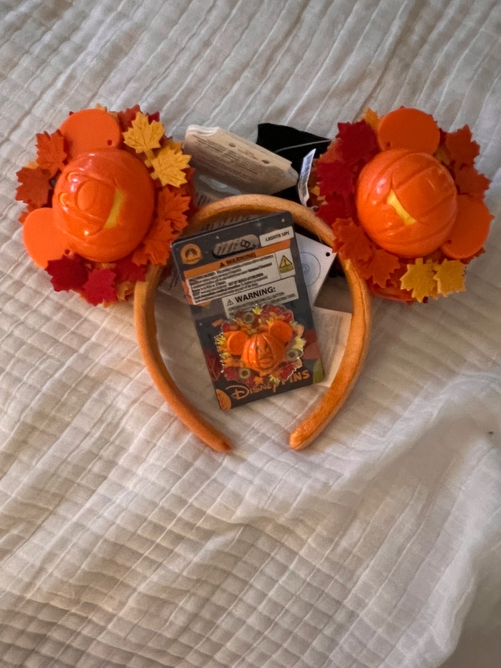 Disney Orange Pumpkin Wreath Light Up Ear Headband and Light up Pin